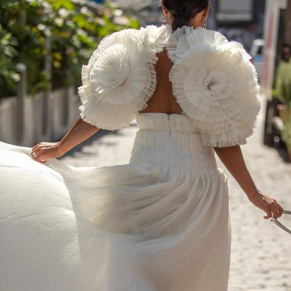 Aje Dresses & Skirts - Aje. Dress Gown Expressive Pleated Maxi Dress Wedding Bride Puff Sleeve White 4